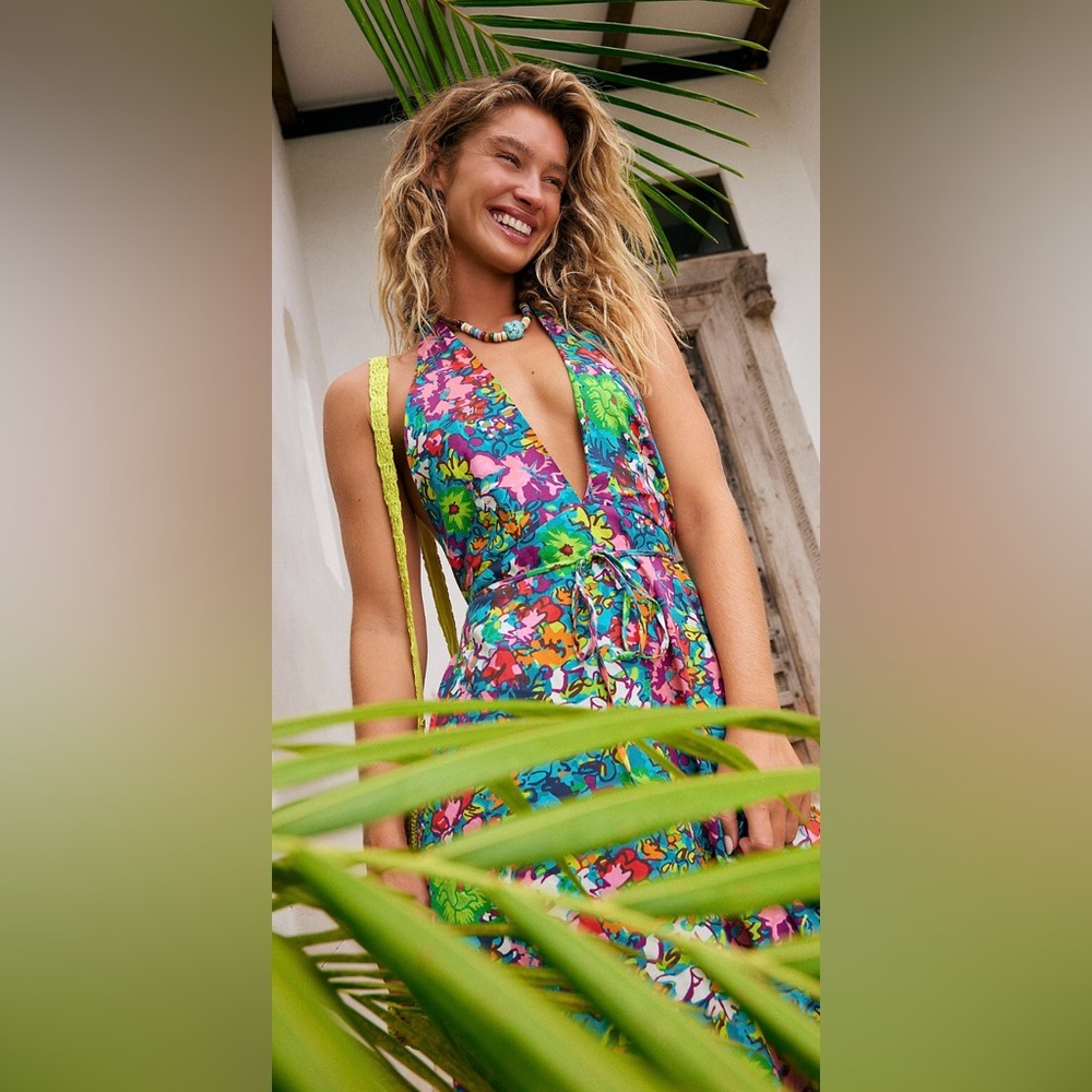 Free People Nouveau Tropic Plunging Halter Neck Linen Blend Bare Back Maxi ZB2 - Picture 7 of 13